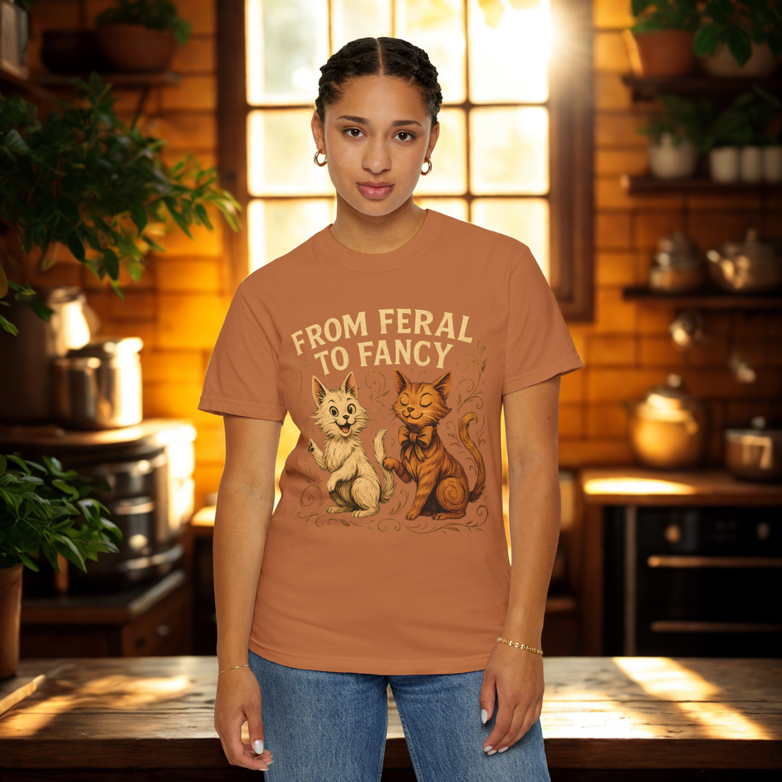 Feral to Fancy Cat Shirt – Funny Rescue Cat T-Shirt, Whimsical Pet Lover Gift, Oversized Fit, Cute Cat Mom Tee, Vintage Comfort Colors