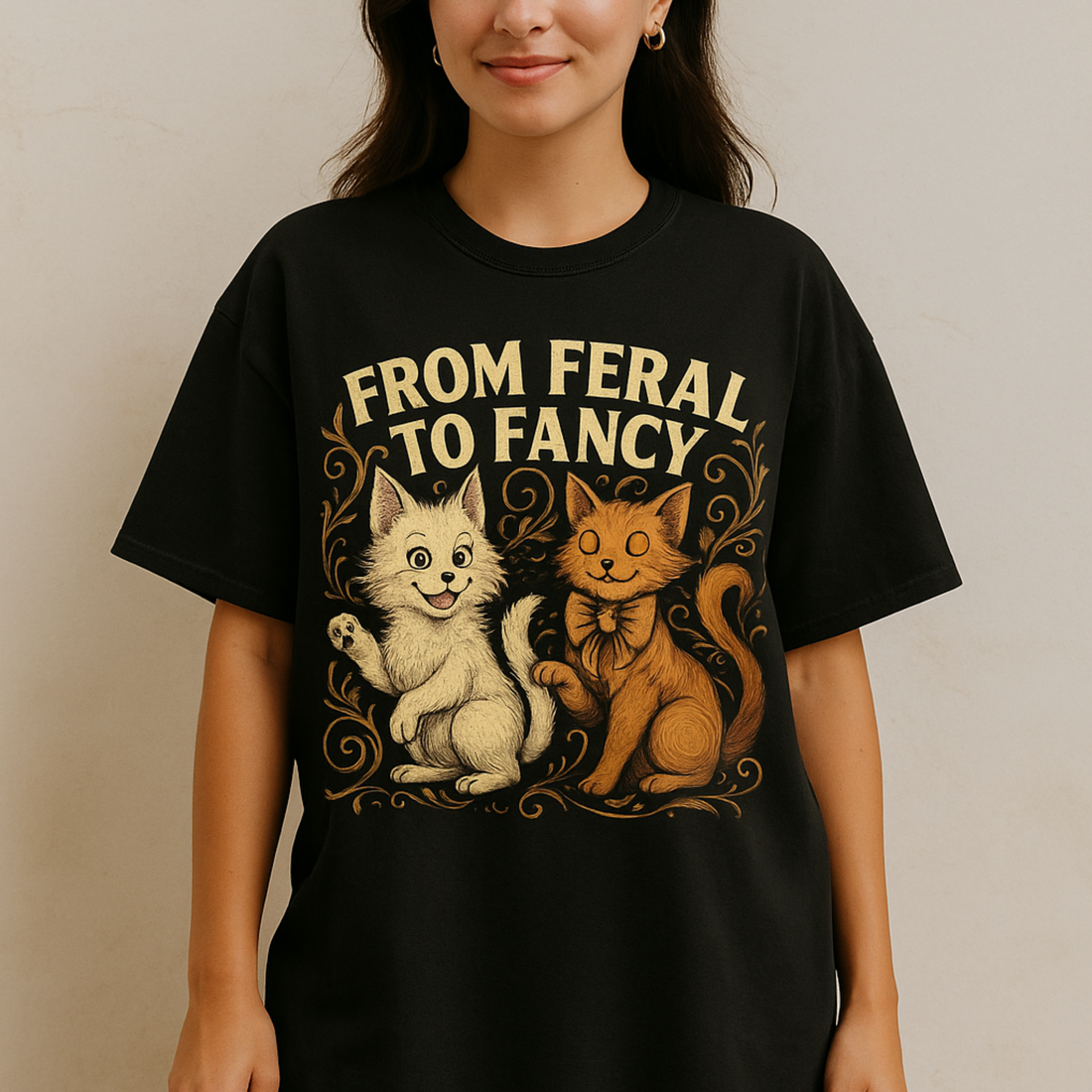 Feral to Fancy Cat Shirt – Funny Rescue Cat T-Shirt, Whimsical Pet Lover Gift, Oversized Fit, Cute Cat Mom Tee, Vintage Comfort Colors