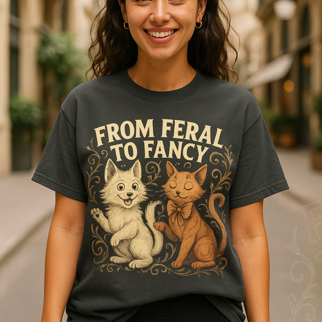 Feral to Fancy Cat Shirt – Funny Rescue Cat T-Shirt, Whimsical Pet Lover Gift, Oversized Fit, Cute Cat Mom Tee, Vintage Comfort Colors