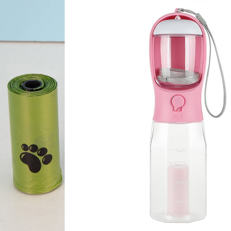Portable Dog Water Bottle with Waste Bag Dispnser – 600ml Leakproof Pet Travel Feeder with Lanyard