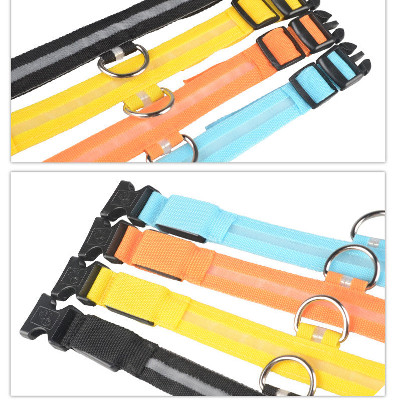 LED Dog Safety Collar – USB Rechargeable or Battery-Powered Glowing Nylon Collar with 4 Light Modes (7 Colors, XS–XL)