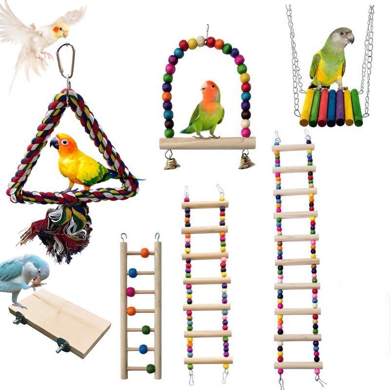 6-in-1 Parrot Bird Toy Set – Swing Ring, Wooden & Aerial Ladders, Climbing Rope, and Cotton Sling for Birds & Hamsters