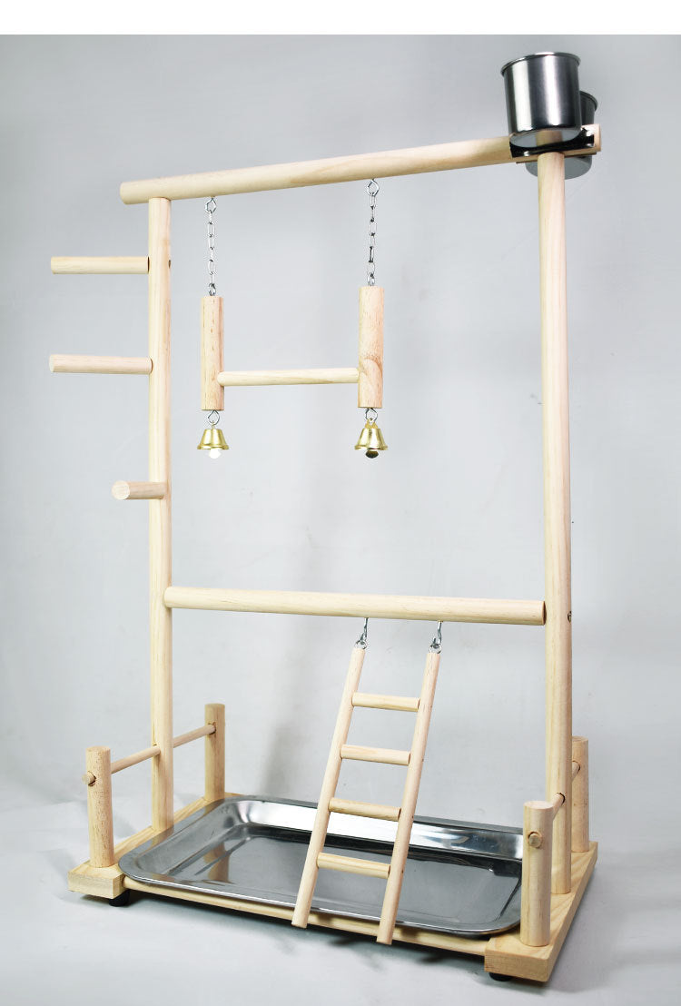 Solid Wood Double-Layer Parrot Playground Stand – Swing, Climbing Ladder & Stainless Steel Food Cups for Small to Medium Birds