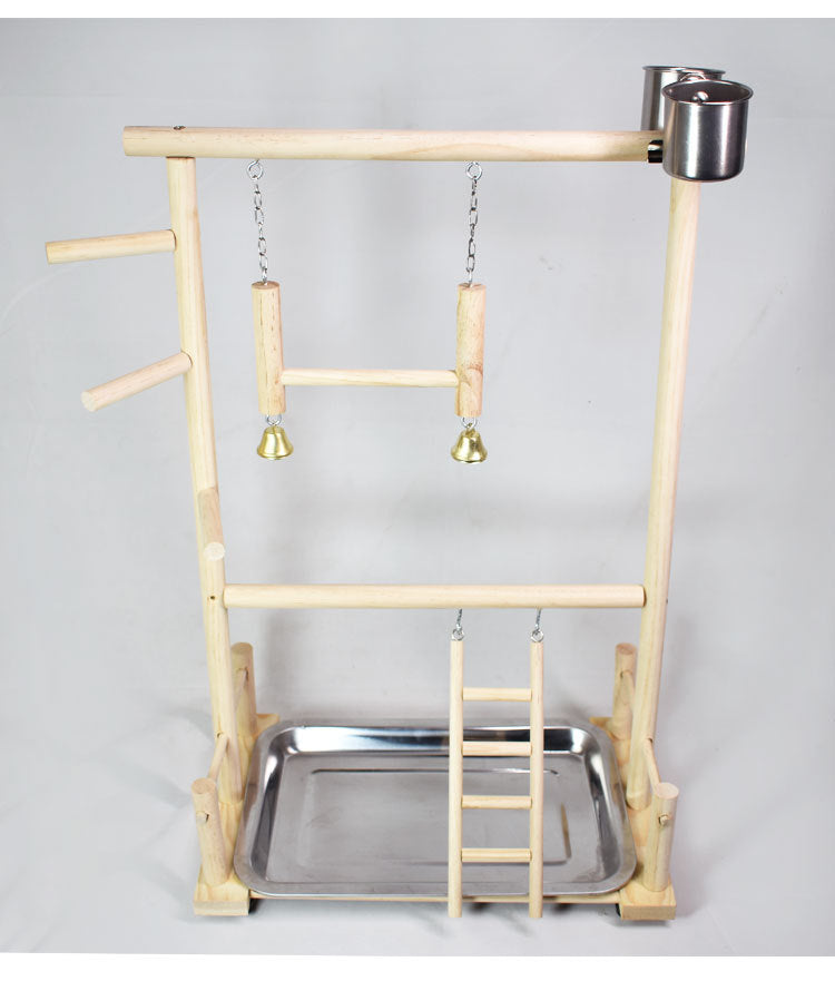 Solid Wood Double-Layer Parrot Playground Stand – Swing, Climbing Ladder & Stainless Steel Food Cups for Small to Medium Birds