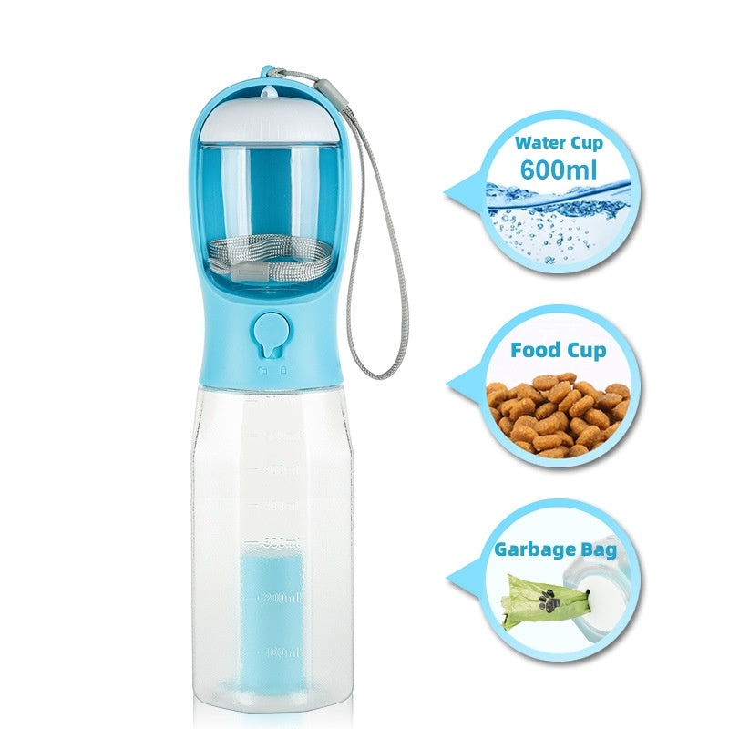 Portable Dog Water Bottle with Waste Bag Dispnser – 600ml Leakproof Pet Travel Feeder with Lanyard