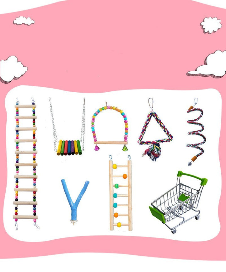 6-in-1 Parrot Bird Toy Set – Swing Ring, Wooden & Aerial Ladders, Climbing Rope, and Cotton Sling for Birds & Hamsters