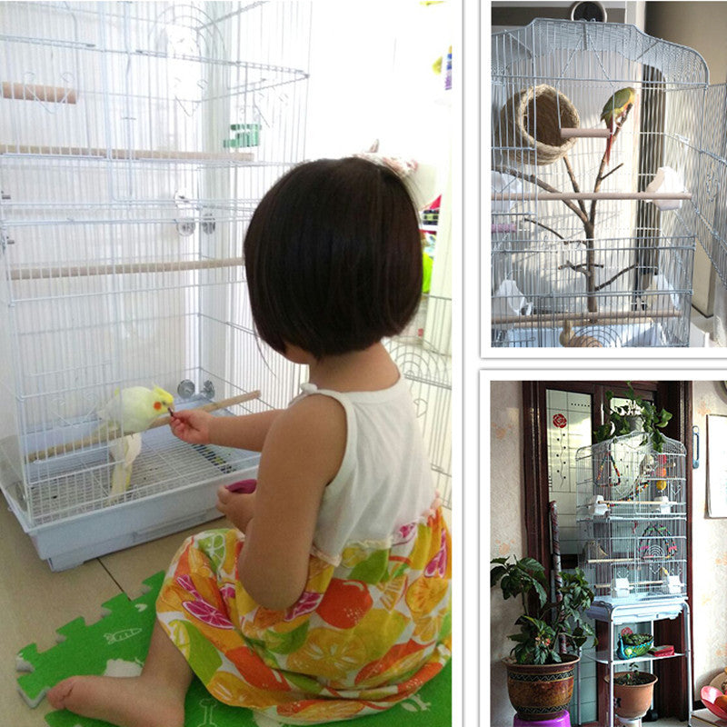 Portable Wire Bird Cage for Parrots – Durable Display Cage with Wooden Perches, Food Cups & Removable Base (45.5 × 35 × 93.5 cm)